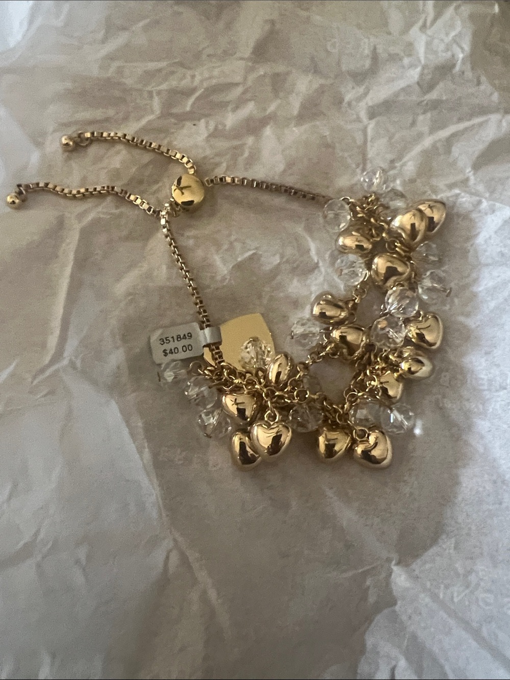 Things Remembered Gold Heart Charm Bracelet with Clear Crystal Beads